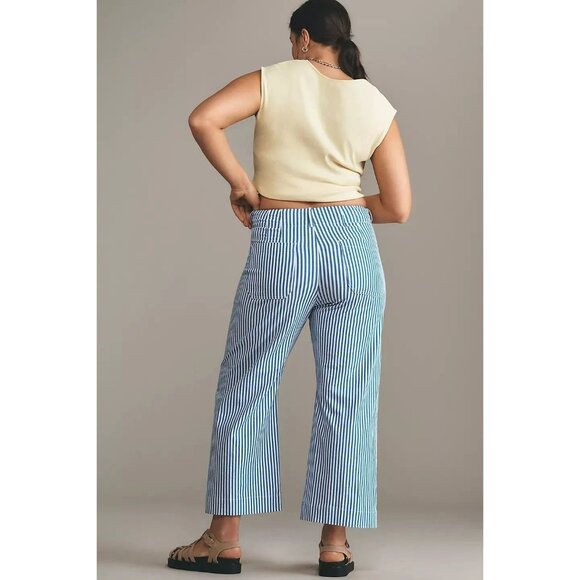 Anthropologie Maeve Colette Crop Linen Pants Wide Leg Blue Stripe 24W NWT - Picture 3 of 16